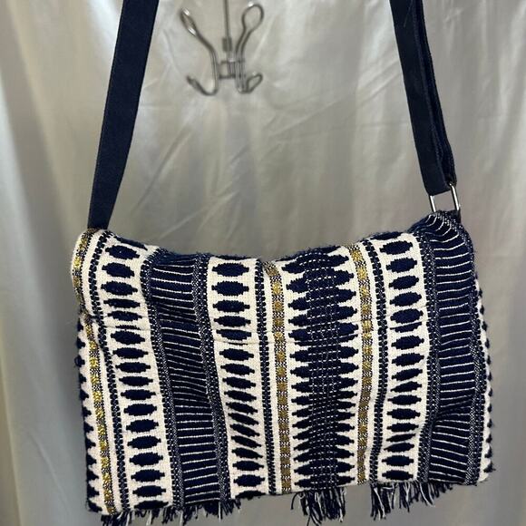 Boho Fringe Crossbody Bag – Navy & Cream Woven Fabric - Picture 4 of 7